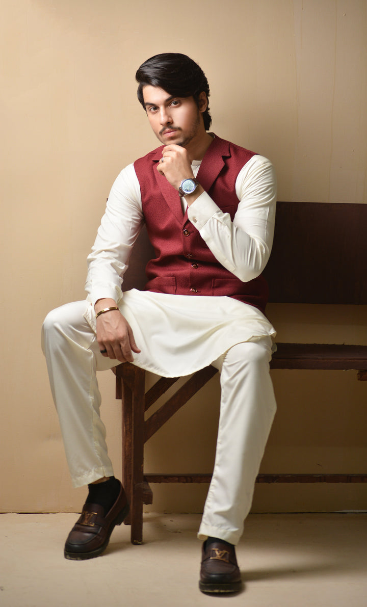 Off White Shalwaar Kameez with Mehroon West Coat