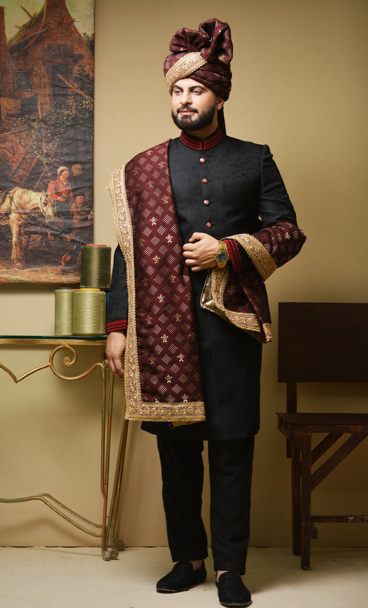 Black Premium Sherwani with Collar Hand Work – Full Set