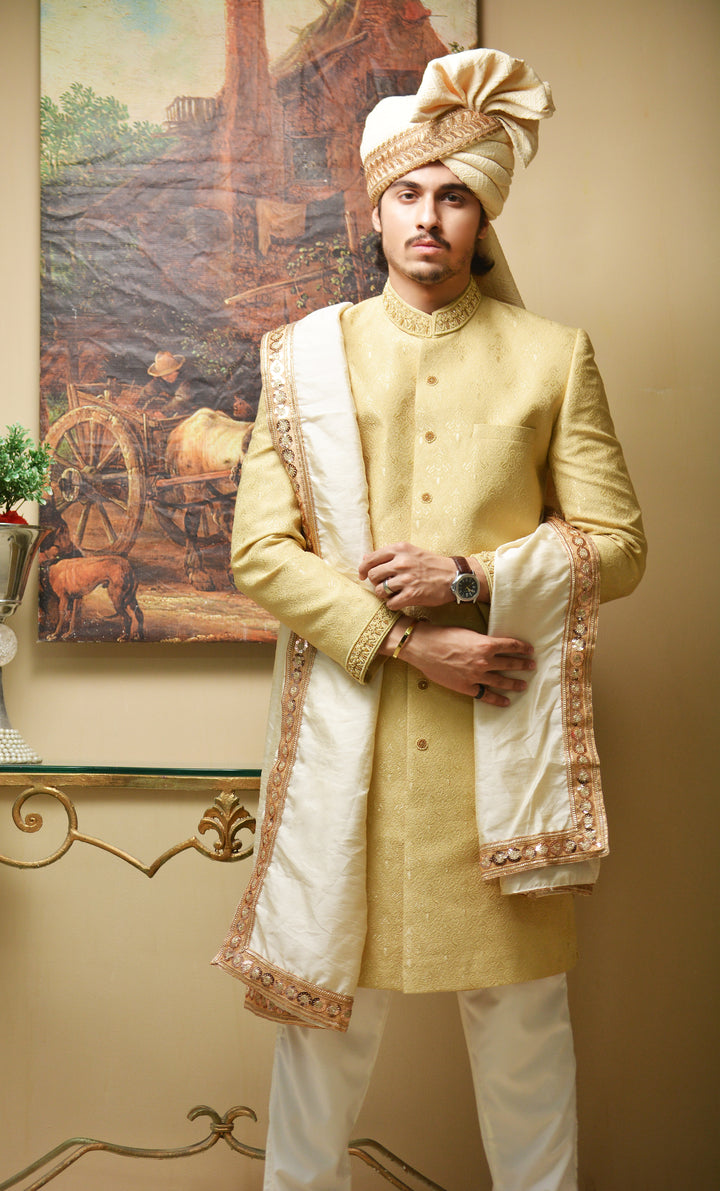 Golden Premium Sherwani with Collar Hand Work – Full Set