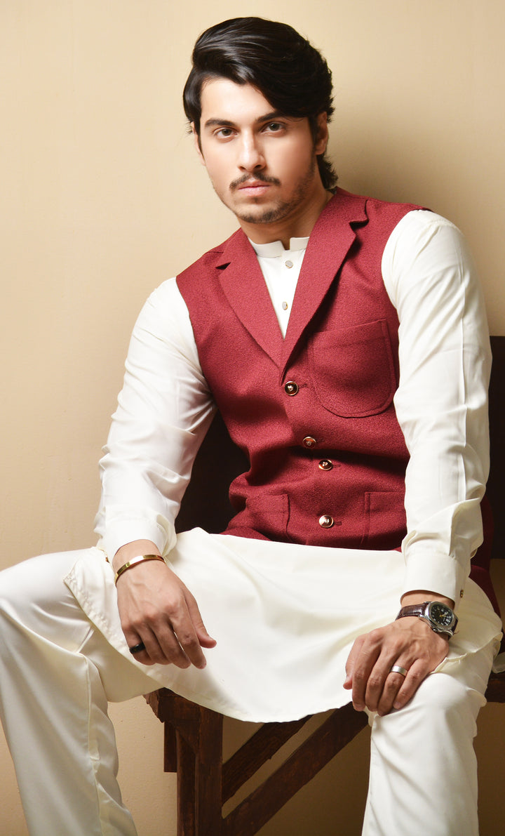 Off White Shalwaar Kameez with Mehroon West Coat