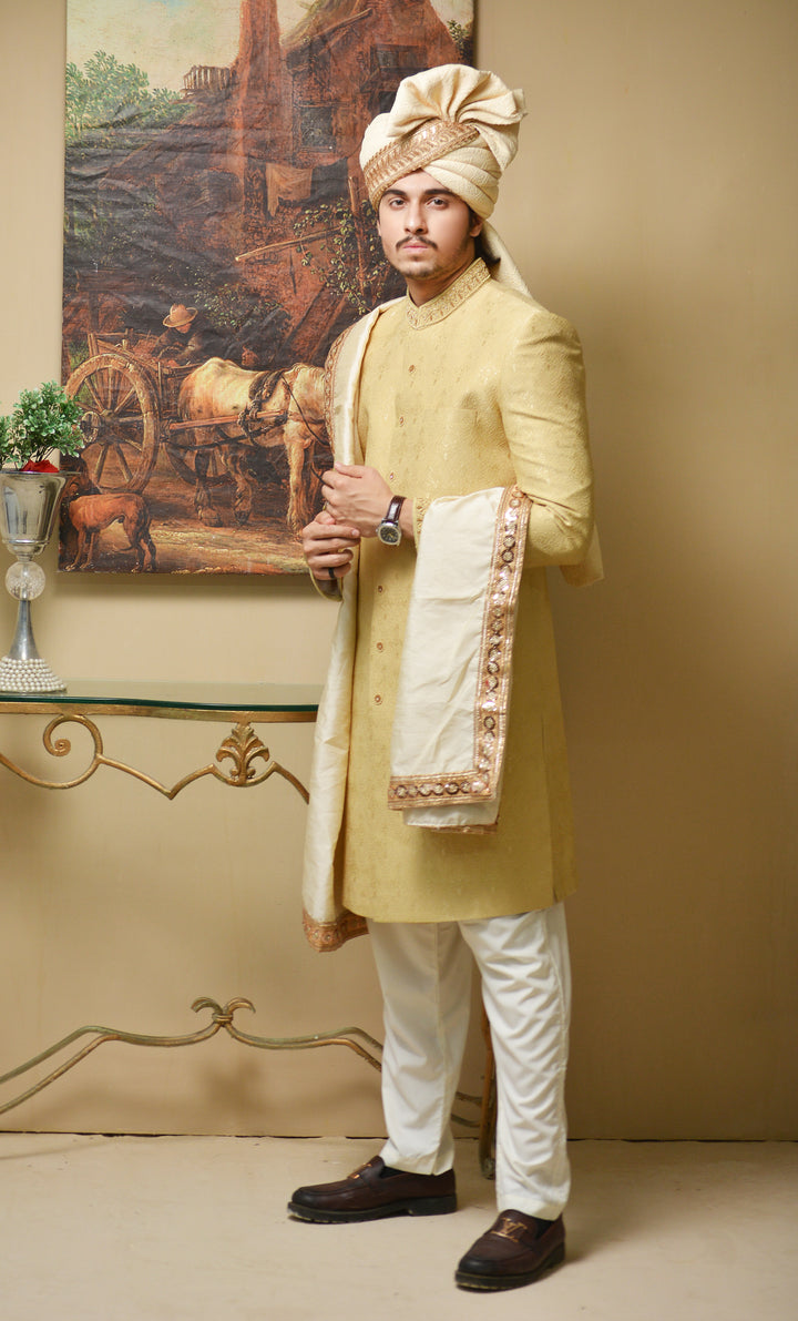Golden Premium Sherwani with Collar Hand Work – Full Set