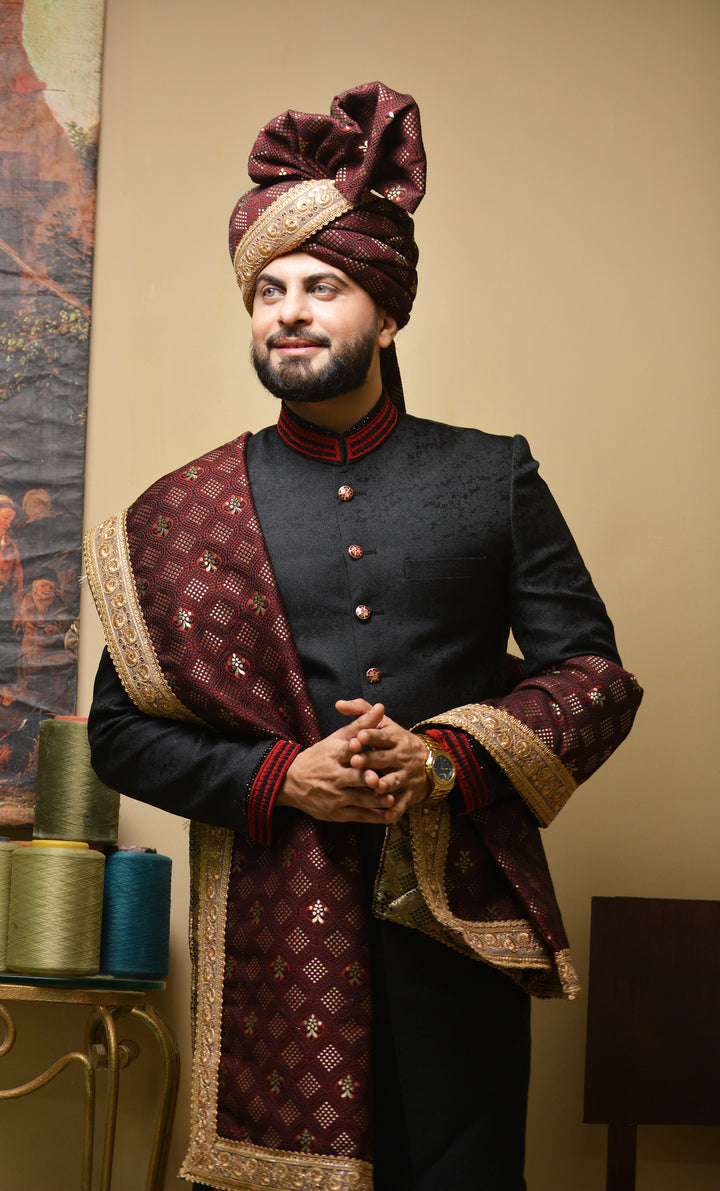Black Premium Sherwani with Collar Hand Work – Full Set