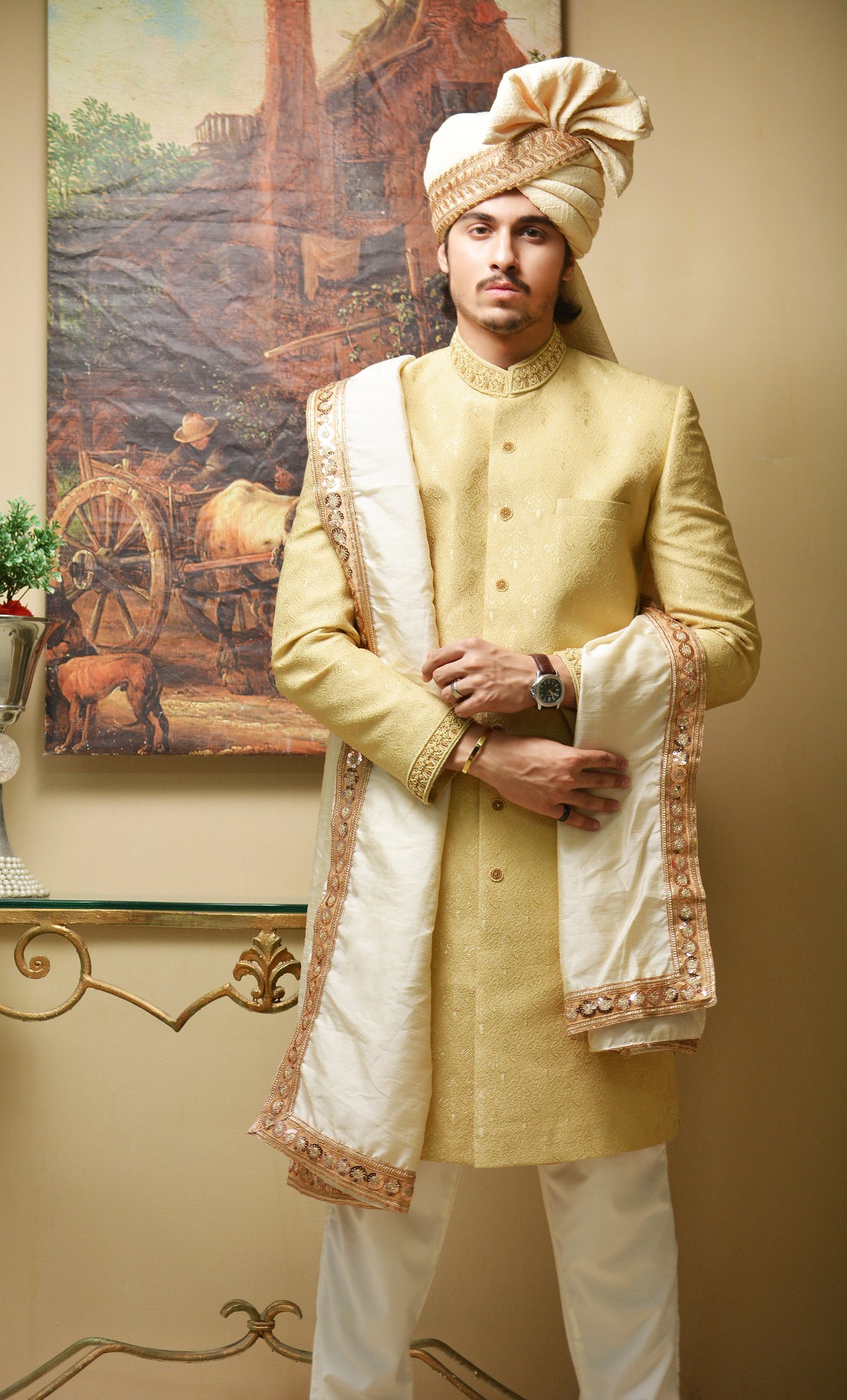 Golden Premium Sherwani with Collar Hand Work – Full Set