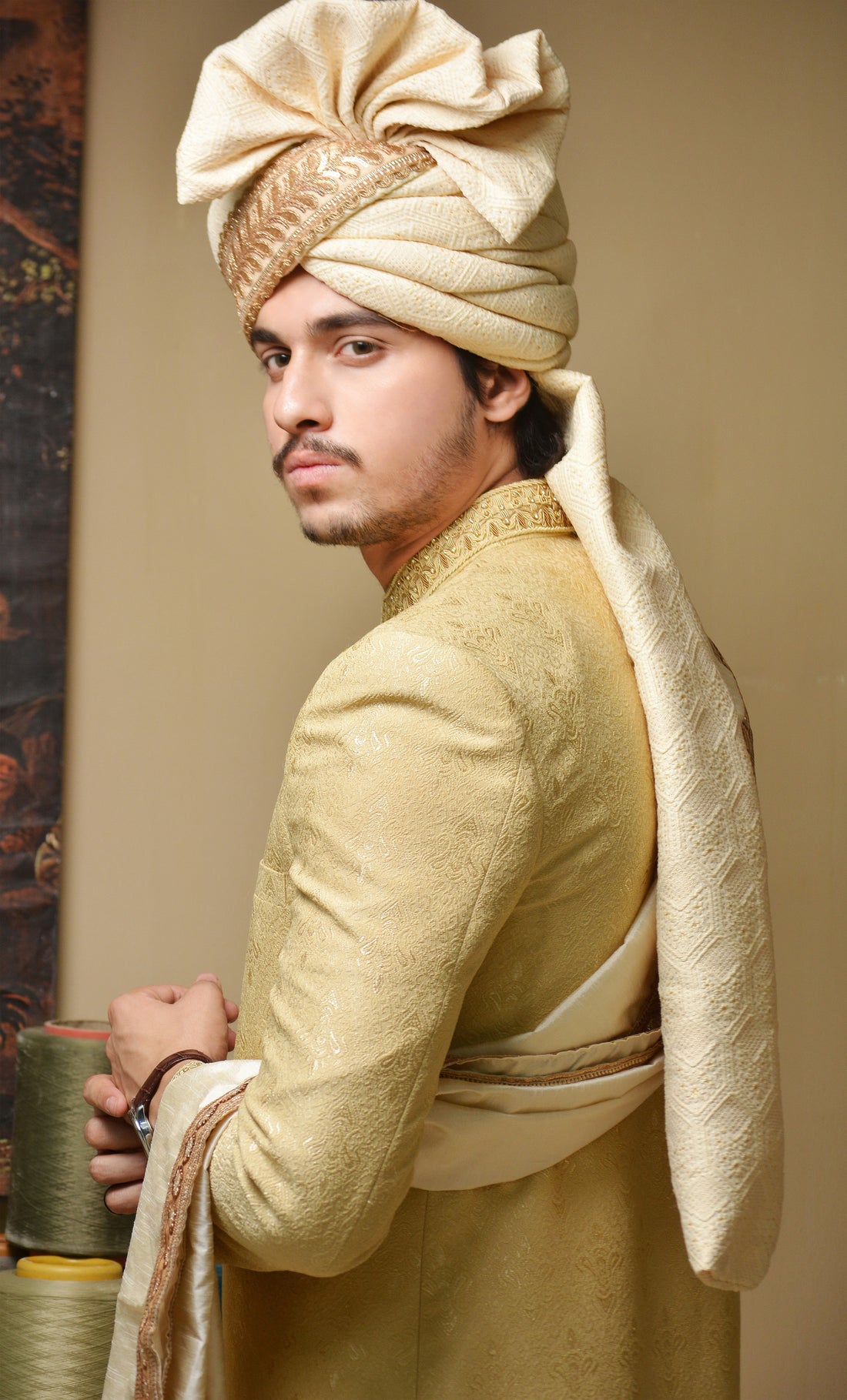 Golden Premium Sherwani with Collar Hand Work – Full Set